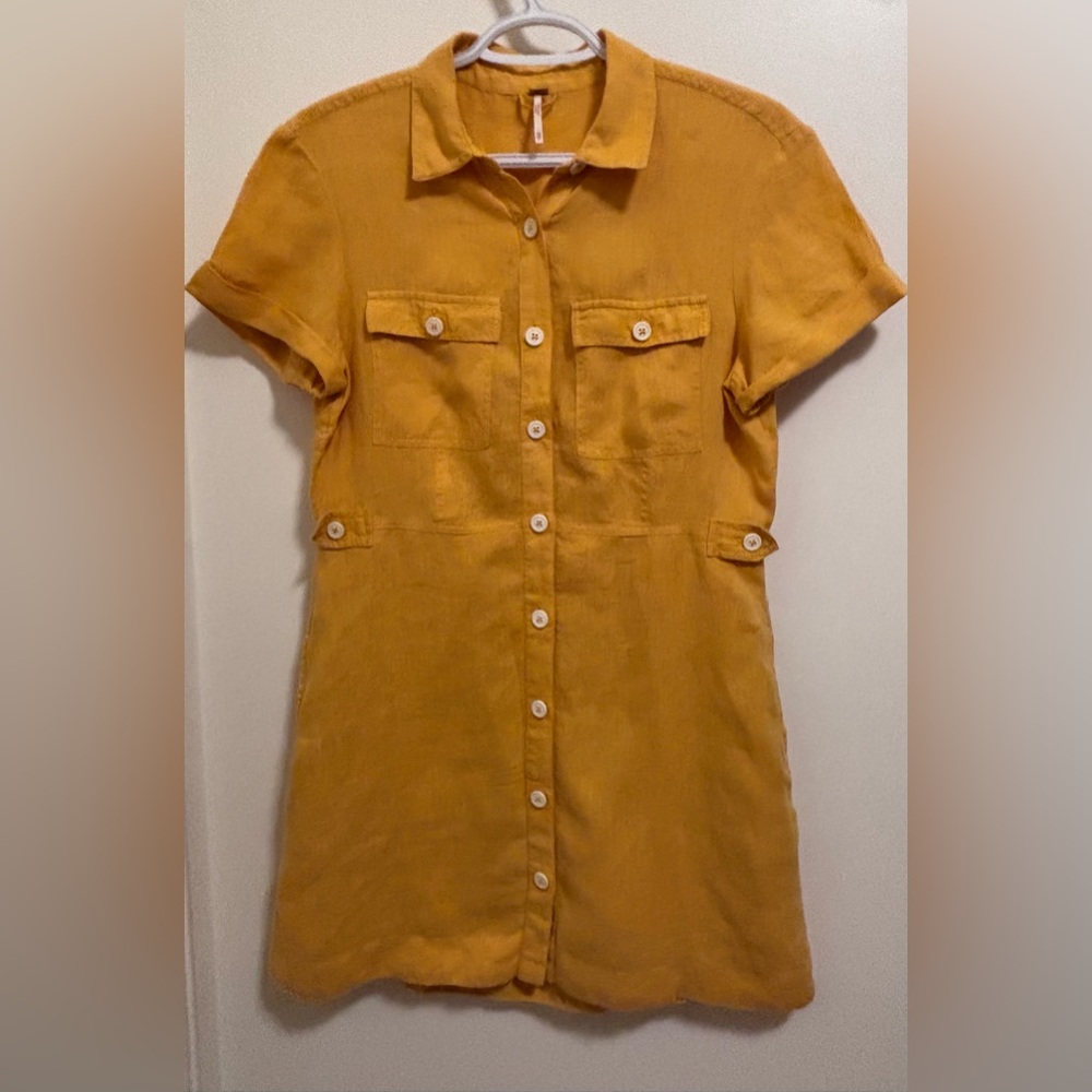 Free People Italian Love Story Yellow Shirt Dress XS linen lined pockets